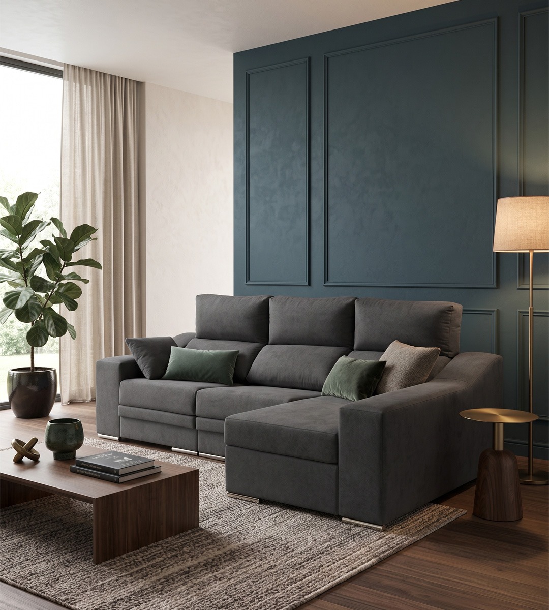 Sofá gris oscuro combinado con verde y azul petróleo Sofá gris oscuro con chaise longue combinado con cojines verdes y pared azul petróleo