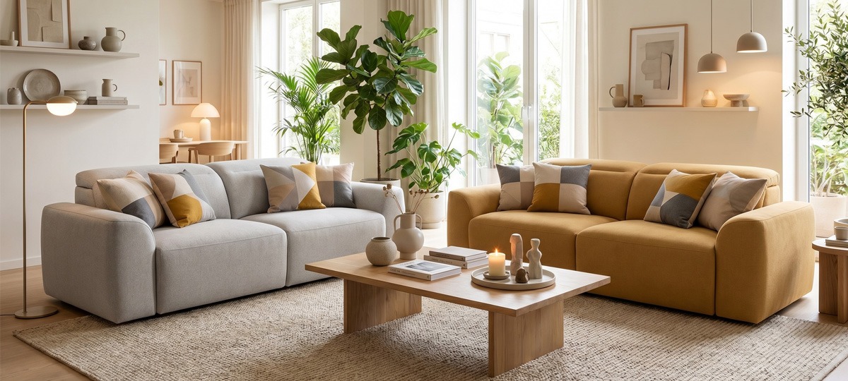 Sofás beige y mostaza para salón moderno Salón luminoso con sofás en tonos beige y mostaza, mesa de centro de madera y decoración natural con plantas.