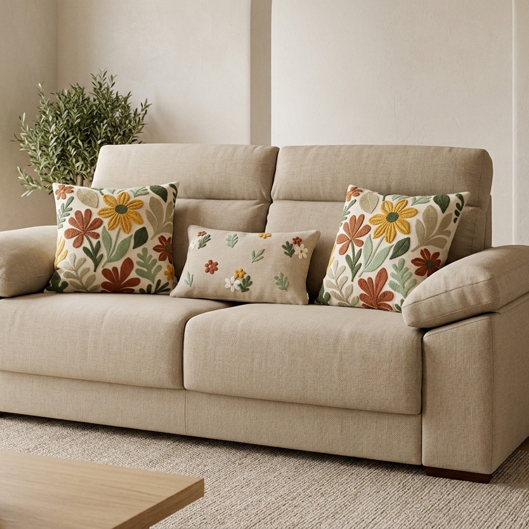 Cómo combinar cojines de distintos tamaños en el sofá Sofá beige con dos cojines cuadrados grandes y uno rectangular pequeño de estampado floral