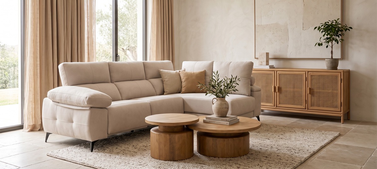 Salón moderno con sofá chaise longue y mobiliario en madera Salón moderno en tonos beige con sofá chaise longue, mesas de centro redondas de madera y aparador de estilo natural.