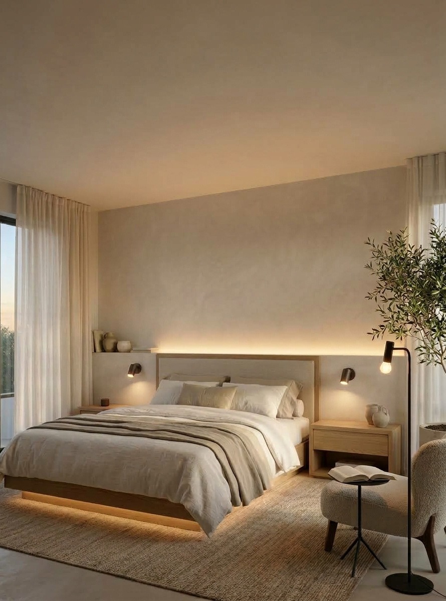 Qué tipo de luz elegir para el dormitorio Dormitorio moderno con iluminación cálida indirecta bajo la cama, apliques de pared y rincón de lectura.