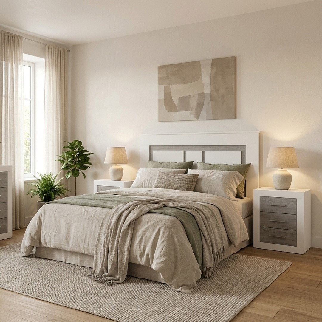 Iluminación del dormitorio según el estilo decorativo Dormitorio de estilo nórdico con muebles blancos y grises, textiles neutros y lámparas de sobremesa con luz cálida.