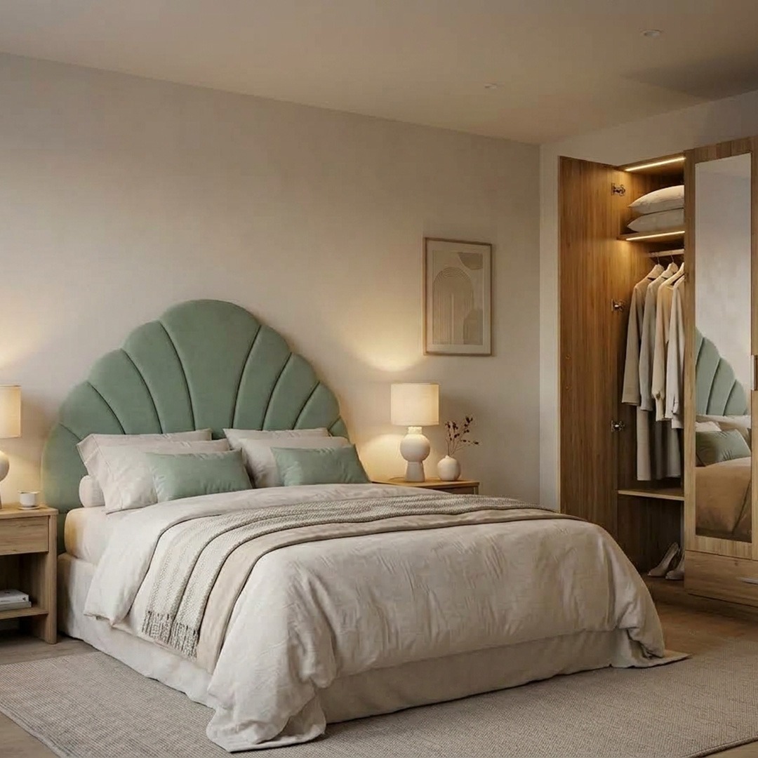 Tipos de iluminación para cada zona del dormitorio Dormitorio con cabecero verde, lámparas de mesita y armario abierto con iluminación LED interior cálida.