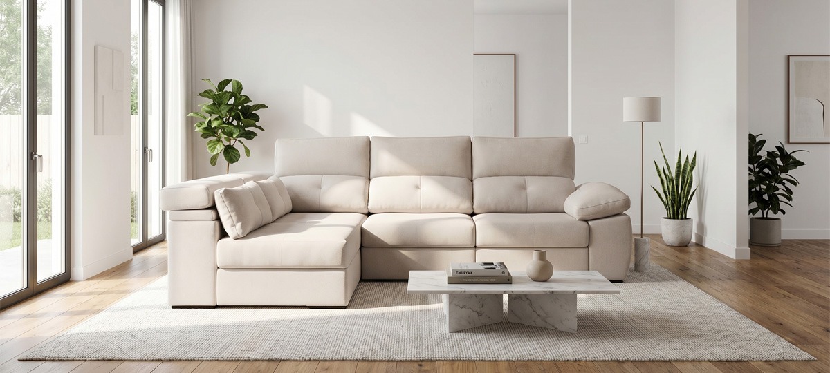 Sofás beige y mostaza para salón moderno Salón luminoso con sofás en tonos beige y mostaza, mesa de centro de madera y decoración natural con plantas.