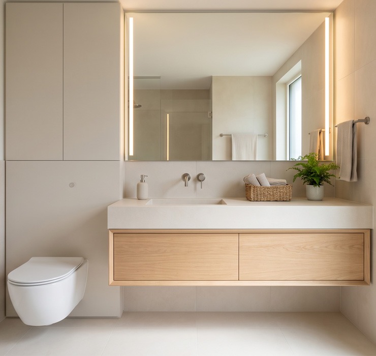Trucos para ganar amplitud visual en un baño pequeño Baño pequeño con espejo retroiluminado, lavabo suspendido y mobiliario de madera clara que aporta amplitud y luminosidad.