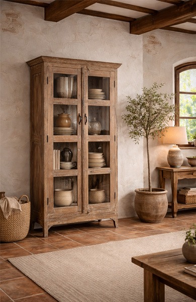 Vitrina rústica de madera con puertas de cristal estilo vintage. Vitrina rústica de madera envejecida con dos puertas de cristal y estantes interiores, estilo vintage artesanal.