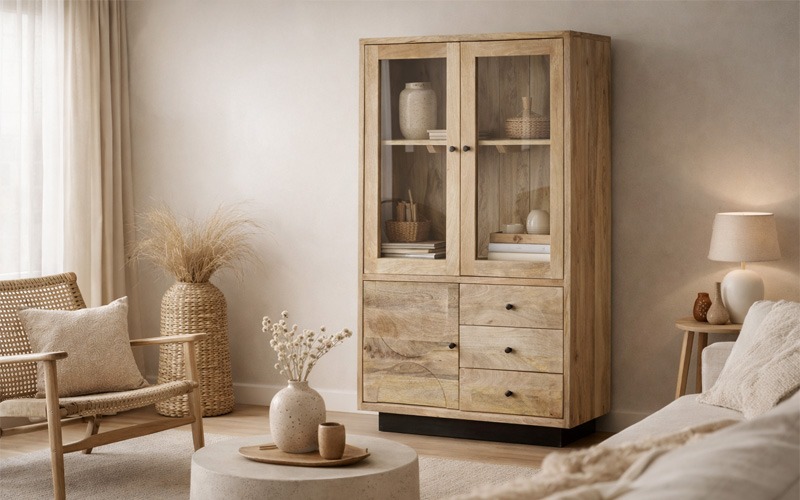 Vitrina de madera en ambiente boho chic minimalista acogedor Vitrina de madera natural con puertas de cristal en un salón estilo boho chic minimalista, rodeada de muebles en tonos neutros, fibras naturales, sillón de ratán, mesa de centro y decoración cálida.