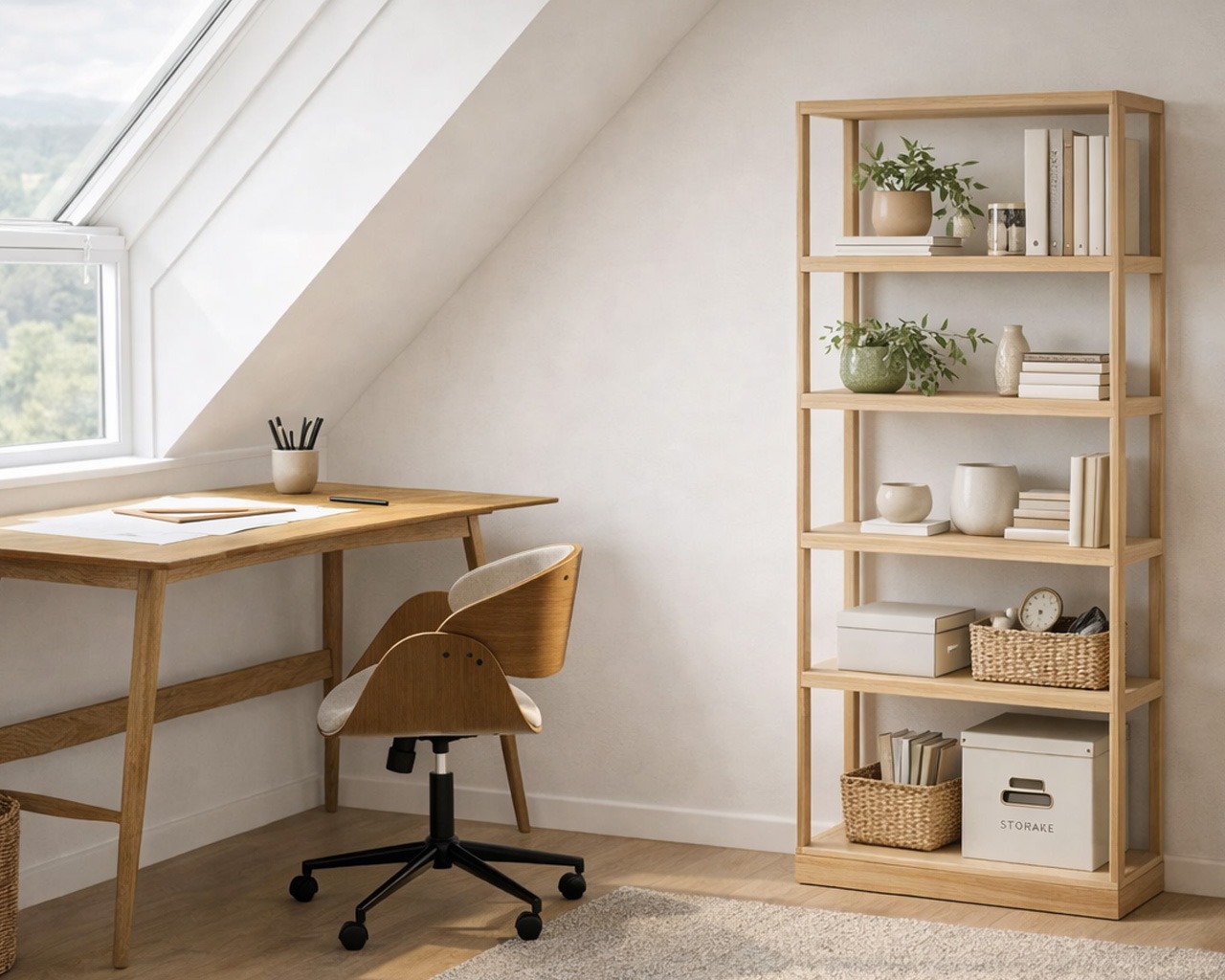 Escritorio de madera en buhardilla con estantería abierta decorativa estilo escandinavo Escritorio de madera clara bajo ventana inclinada en buhardilla con estantería abierta decorada en estilo escandinavo