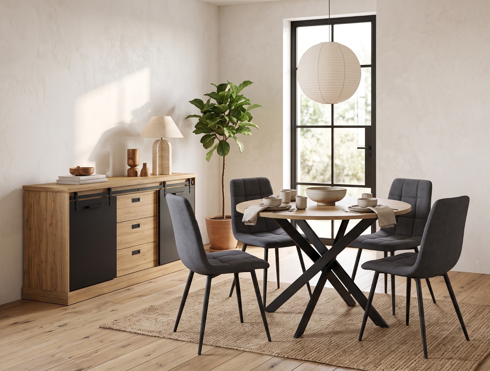 Comedor moderno con mesa redonda y sillas tapizadas Comedor moderno con mesa redonda de madera, patas metálicas negras y sillas tapizadas en gris