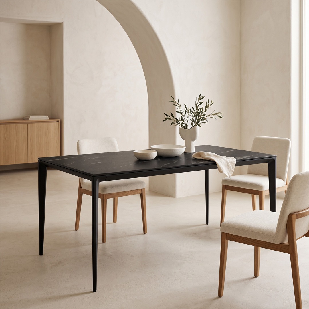 Mesa de comedor rectangular negra de diseño moderno Mesa de comedor rectangular negra de diseño moderno acompañada de sillas tapizadas en beige