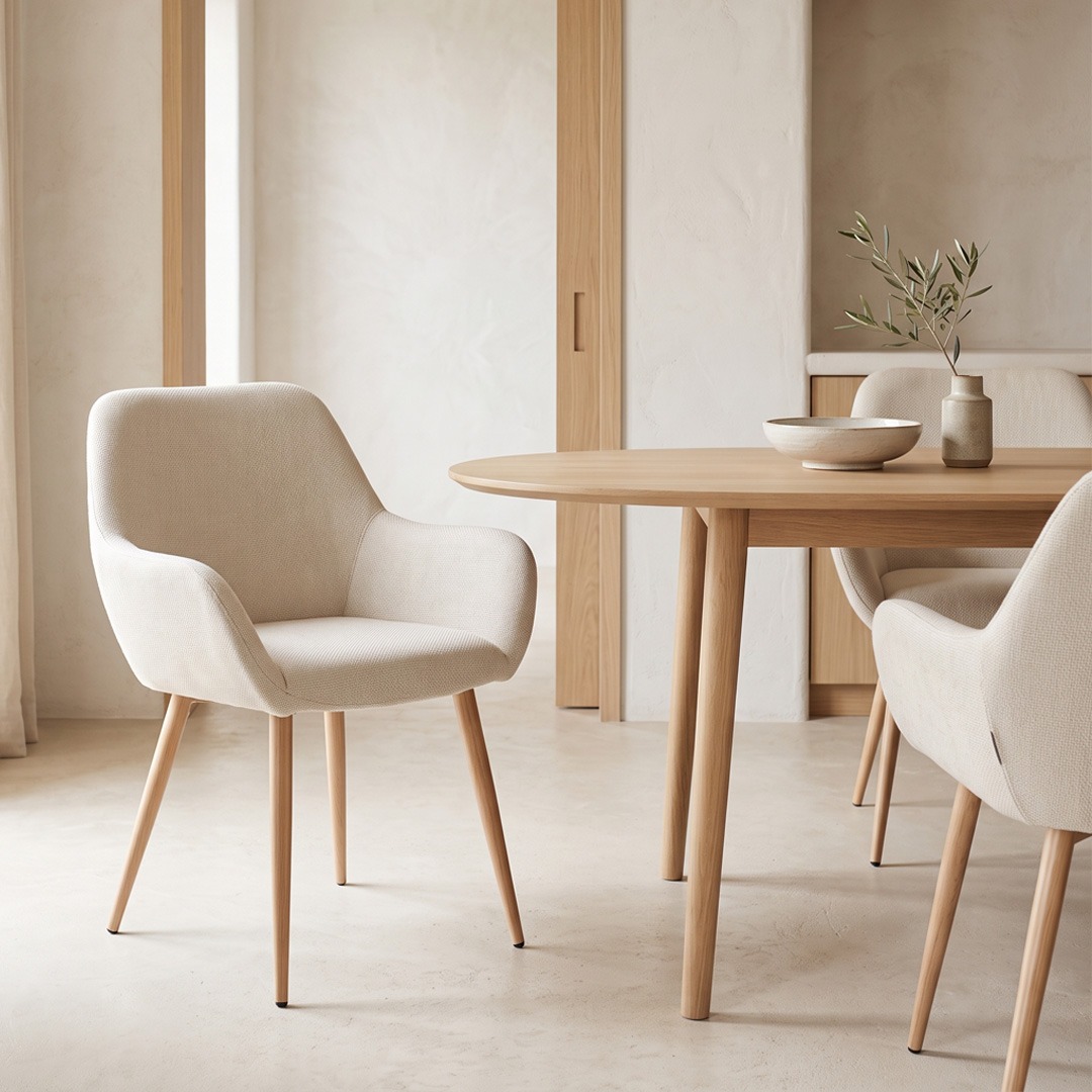 Silla de comedor tapizada beige con reposabrazos Silla de comedor tapizada en tejido beige con reposabrazos y patas efecto madera